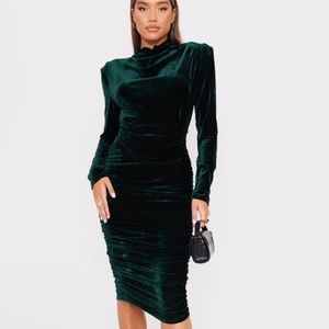 Pretty Little Thing Emerald Green Velvet High Neck Draped Detail Midi Size 2